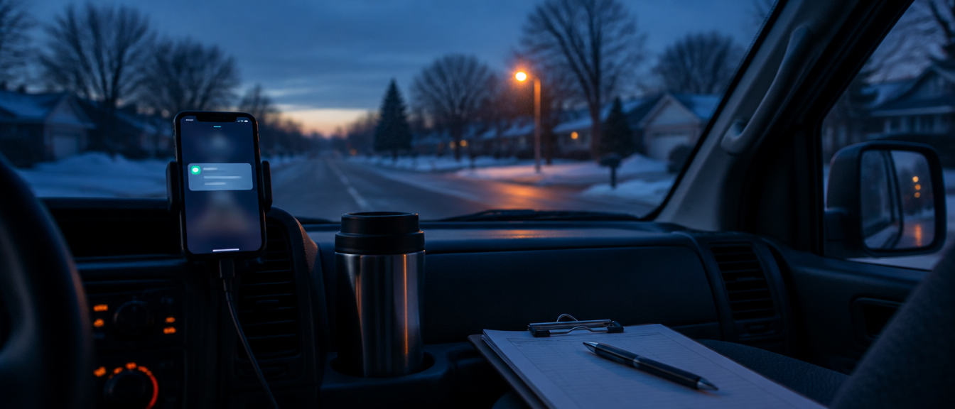 A phone on a work van dashboard lighting up before dawn