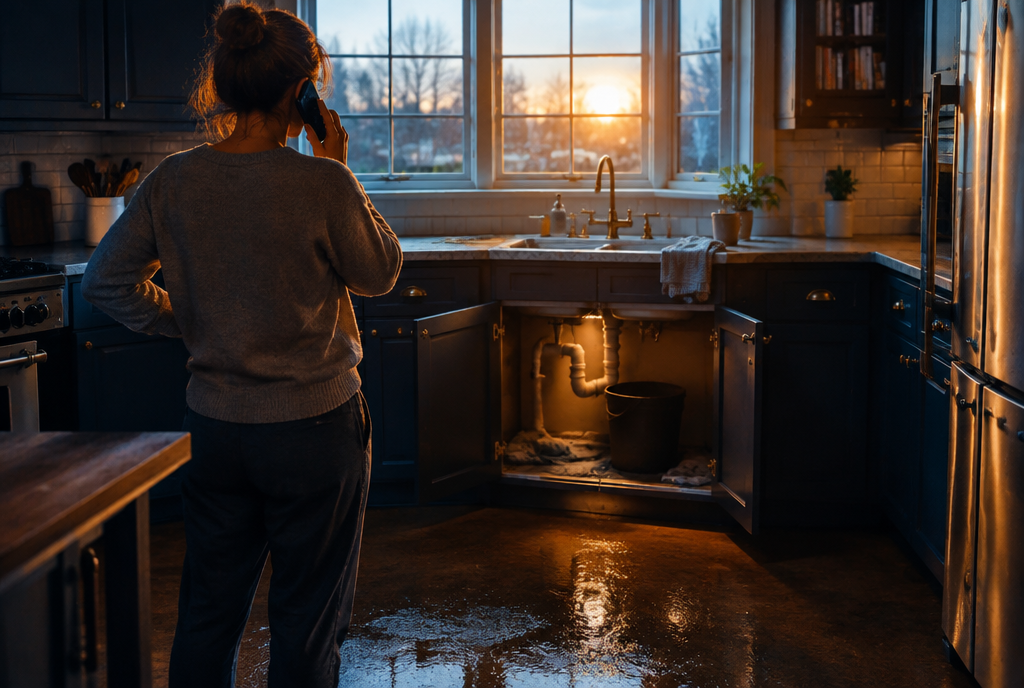 A homeowner on the phone with water on the kitchen floor