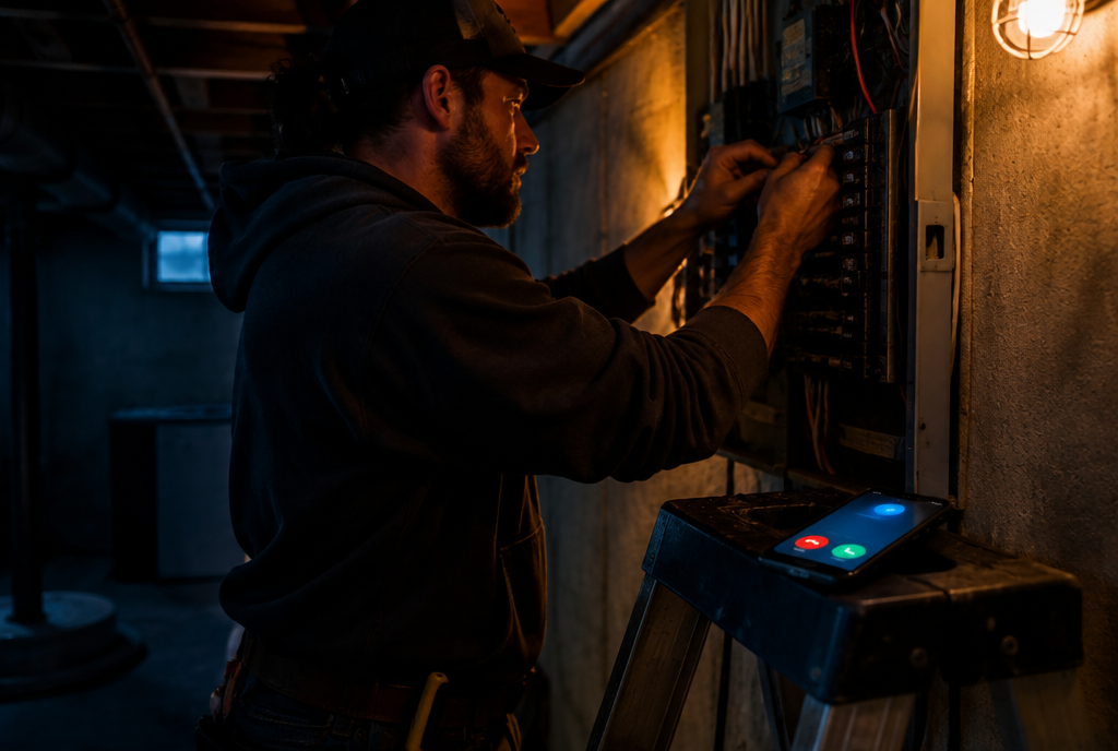 An electrician on a ladder while his phone lights up on the top step