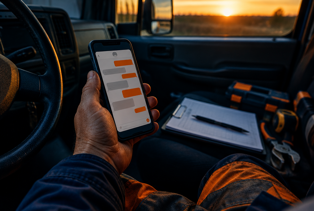 A tradesman reading a text thread in his truck